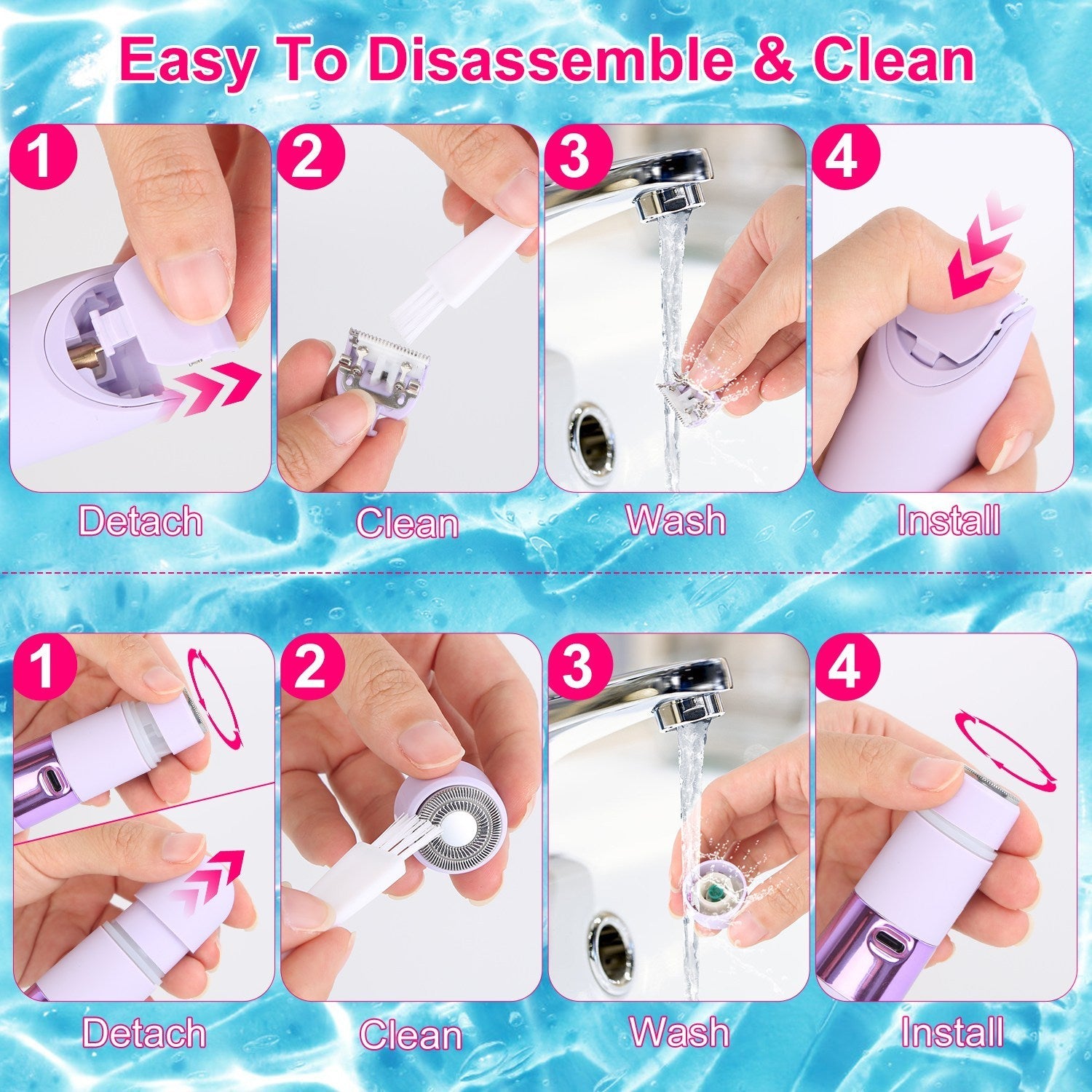 JMT-183178 2-in-1 Bikini Trimmer for Women, Dual Head Cordless Waterproof Shaver with LED Lights, Rechargeable for Body and Face Use