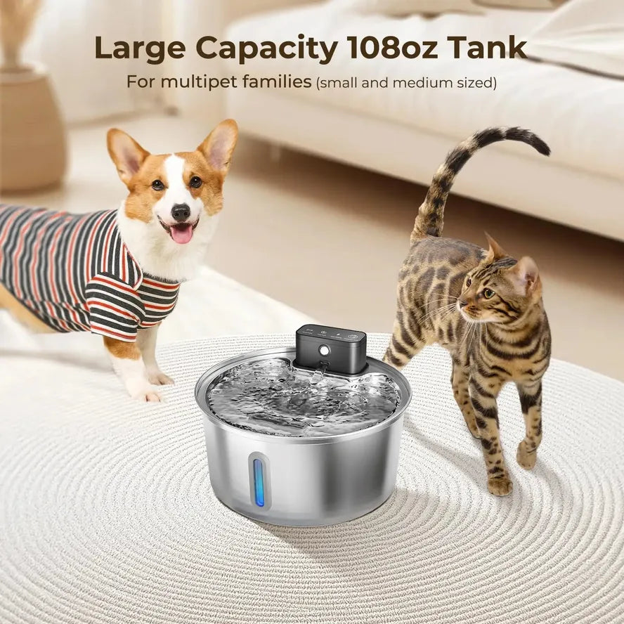 JMT-183562 Stainless Steel Automatic Cat Water Fountain - 3.2L/7L Wireless Sensing Pet Dispenser