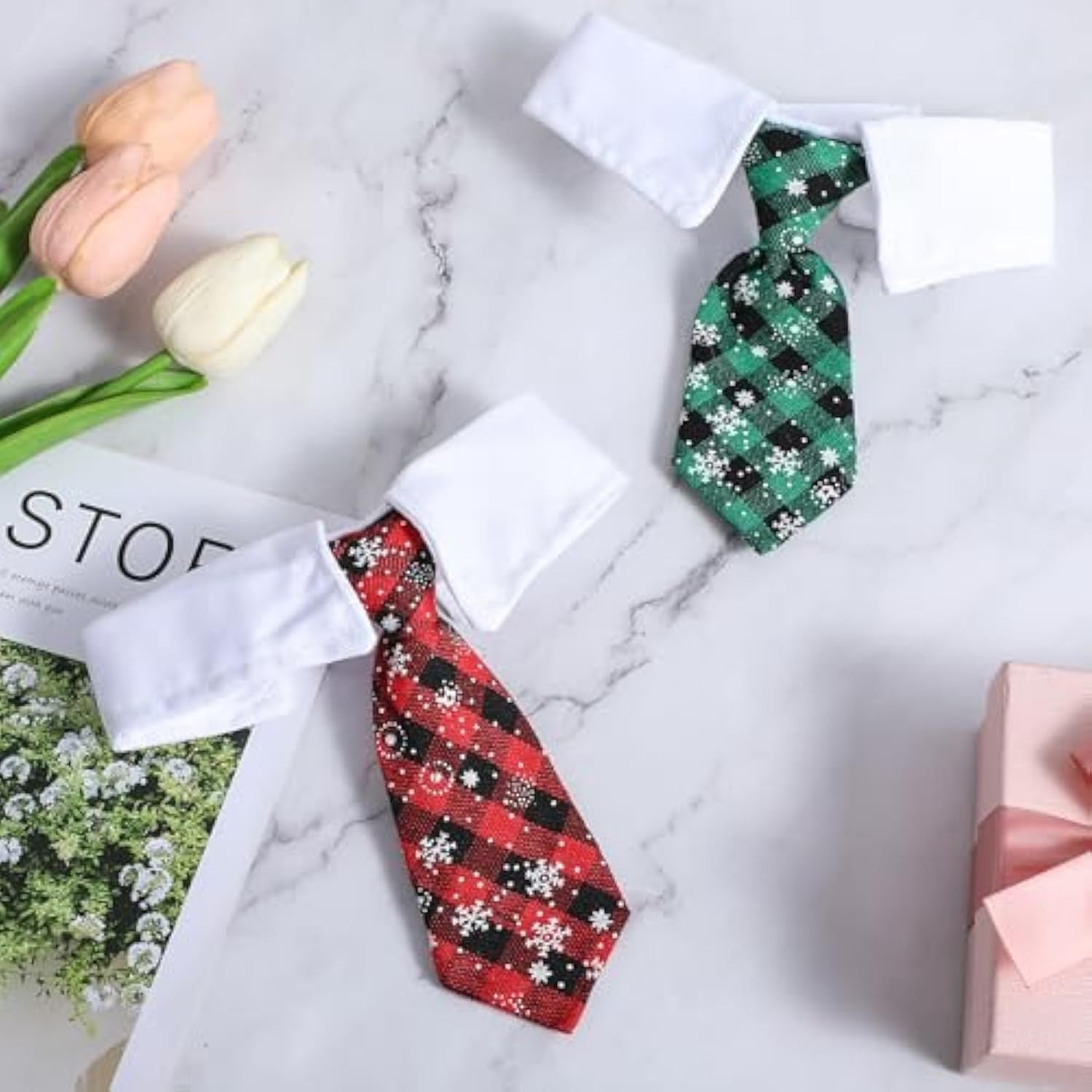 JMT-184010 Adjustable Christmas Dog Necktie with Snowflake Pattern and Red Plaid for Small to Medium Pets