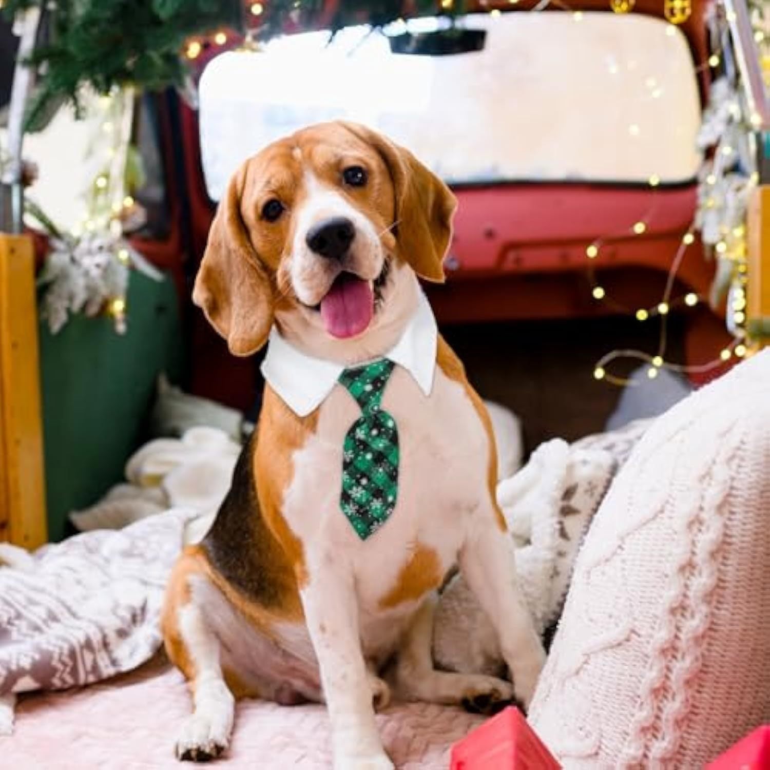 JMT-184010 Adjustable Christmas Dog Necktie with Snowflake Pattern and Red Plaid for Small to Medium Pets