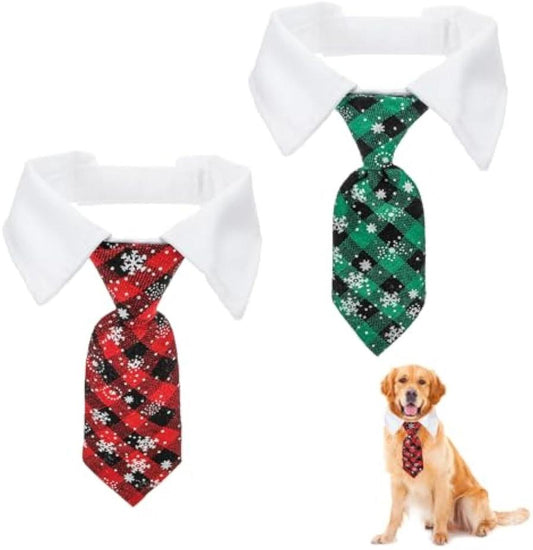 JMT-184010 Adjustable Christmas Dog Necktie with Snowflake Pattern and Red Plaid for Small to Medium Pets