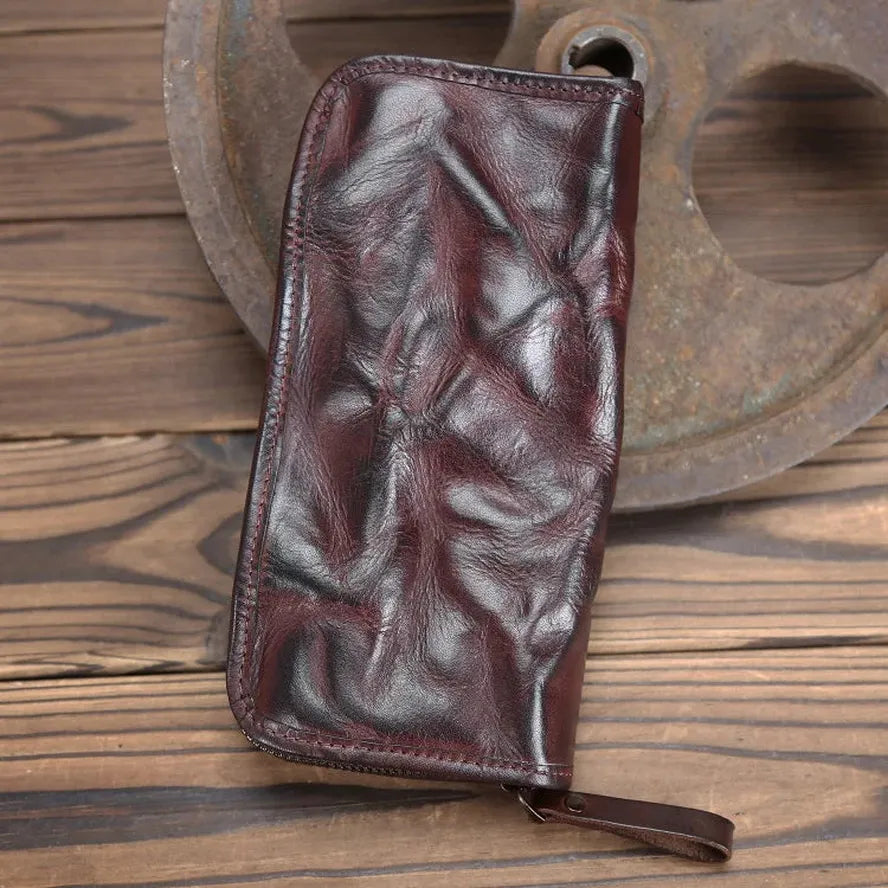 JMT-184714 Genuine Leather Long Wallet with Zipper Closure, Handmade, Retro Style, Available in Multiple Colours