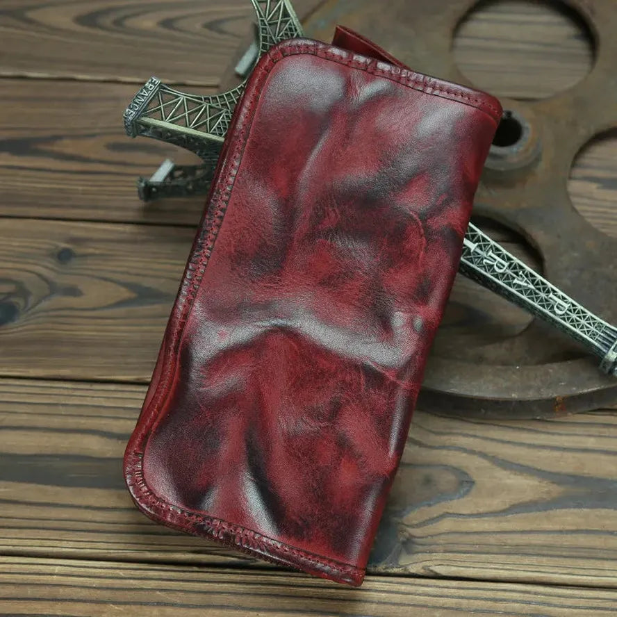 JMT-184714 Genuine Leather Long Wallet with Zipper Closure, Handmade, Retro Style, Available in Multiple Colours