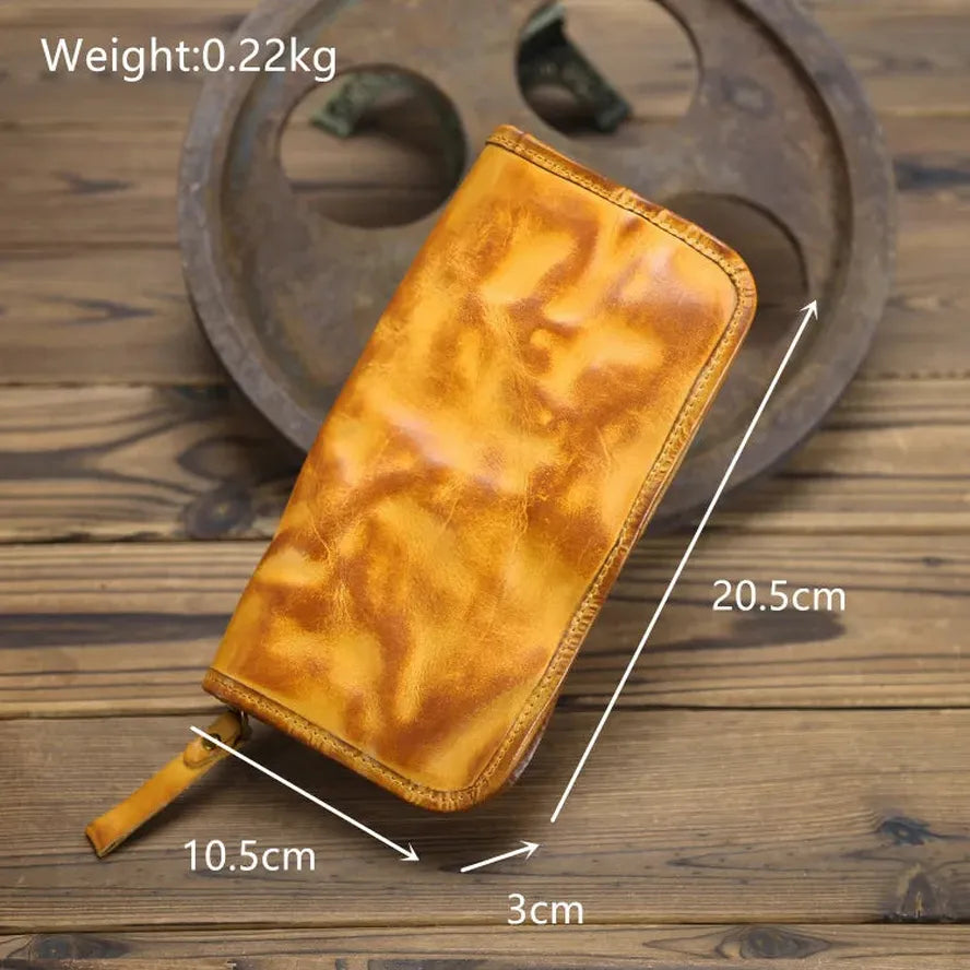 JMT-184714 Genuine Leather Long Wallet with Zipper Closure, Handmade, Retro Style, Available in Multiple Colours