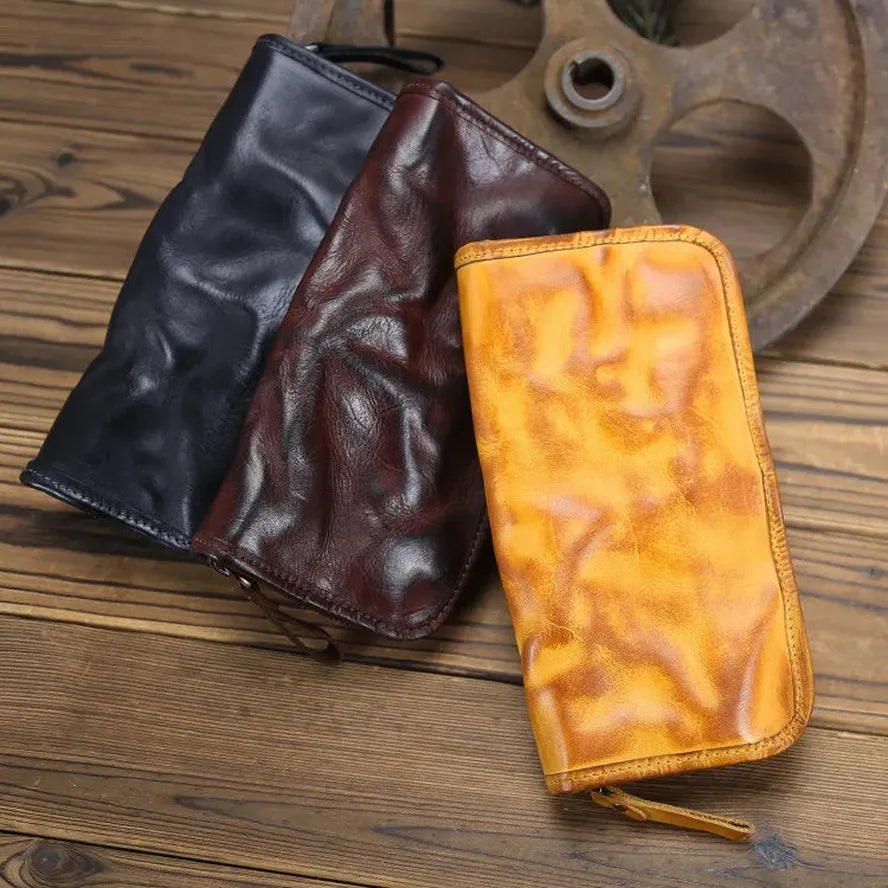 JMT-184714 Genuine Leather Long Wallet with Zipper Closure, Handmade, Retro Style, Available in Multiple Colours