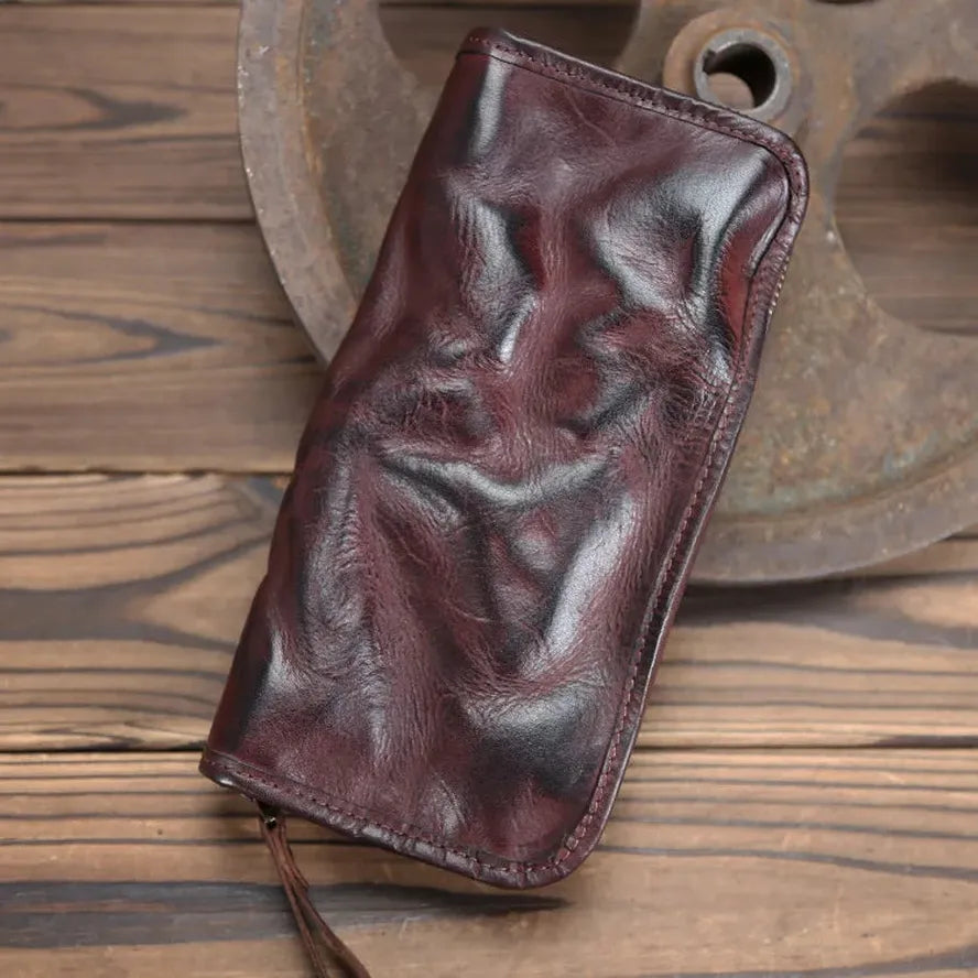 JMT-184714 Genuine Leather Long Wallet with Zipper Closure, Handmade, Retro Style, Available in Multiple Colours