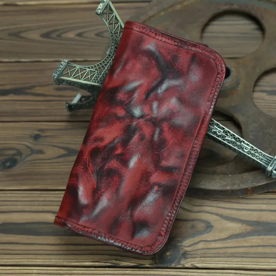 JMT-184714 Genuine Leather Long Wallet with Zipper Closure, Handmade, Retro Style, Available in Multiple Colours