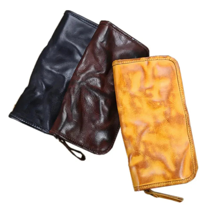 JMT-184714 Genuine Leather Long Wallet with Zipper Closure, Handmade, Retro Style, Available in Multiple Colours