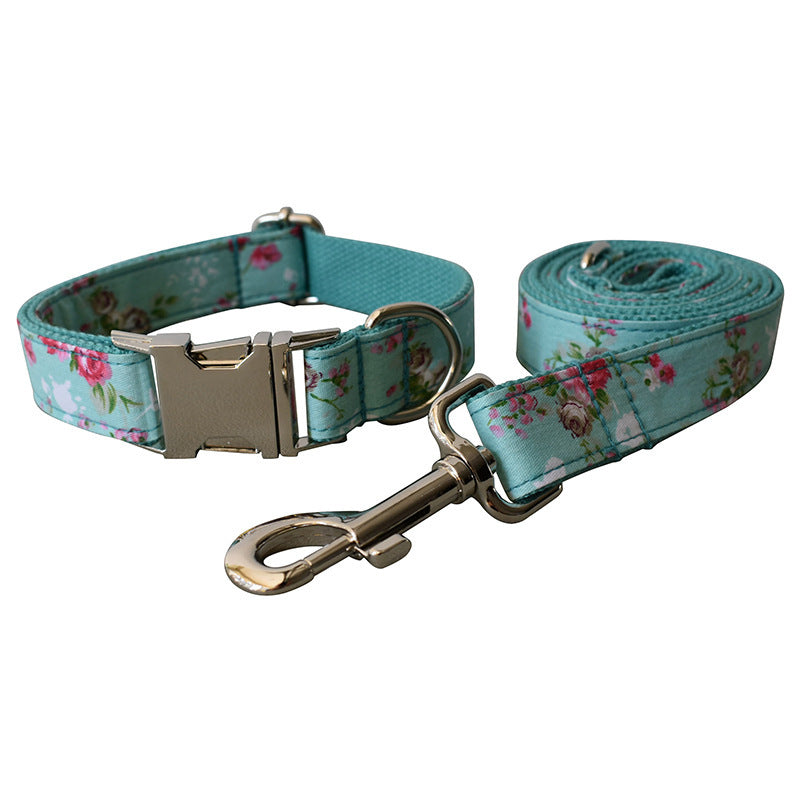JMT-184842 Floral Pattern Cotton Dog Collar and Leash Set for All Seasons