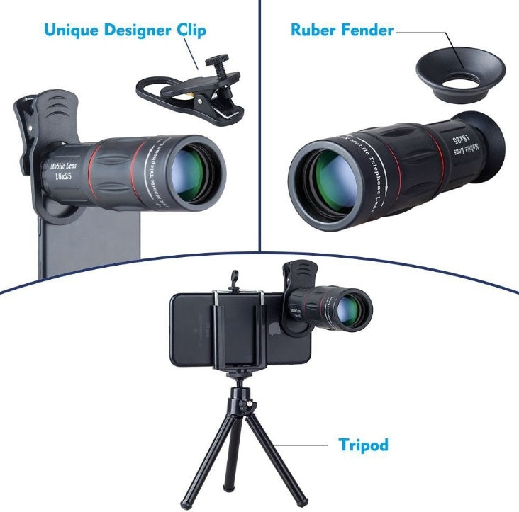 JMT-185354 18X Mobile Phone Telephoto Lens with Adjustable Focal Length and Clip Attachment