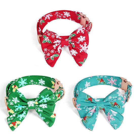 JMT-185994 Pure Cotton Dog Necklace with Removable Bow Tie - Christmas Flower Design, Adjustable Size Options