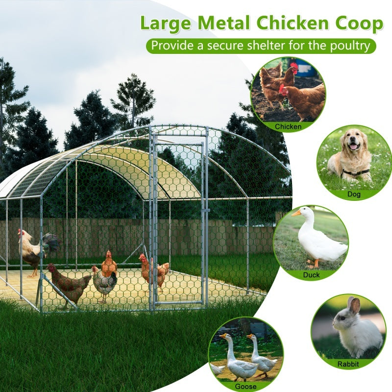 JMT-186506 Large Metal Chicken Coop - 26'x9'x6' Walk-in Poultry Cage with Waterproof Cover for Outdoor Use