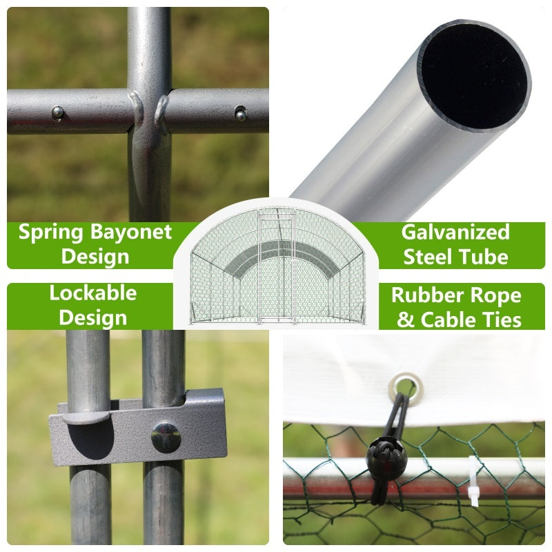 JMT-186506 Large Metal Chicken Coop - 26'x9'x6' Walk-in Poultry Cage with Waterproof Cover for Outdoor Use