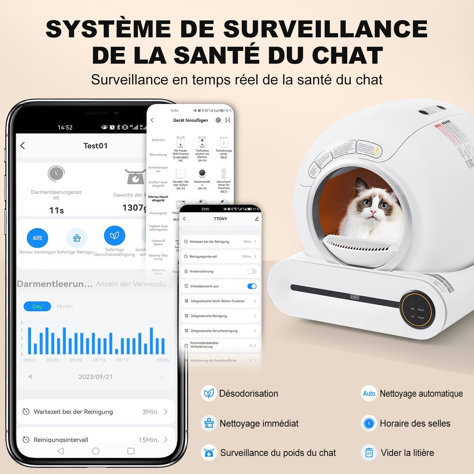 JMT-187658 Self-Cleaning Cat Litter Box with Adaptive Features, 65L Capacity, App Control, Infrared Sensors, and Safety Design