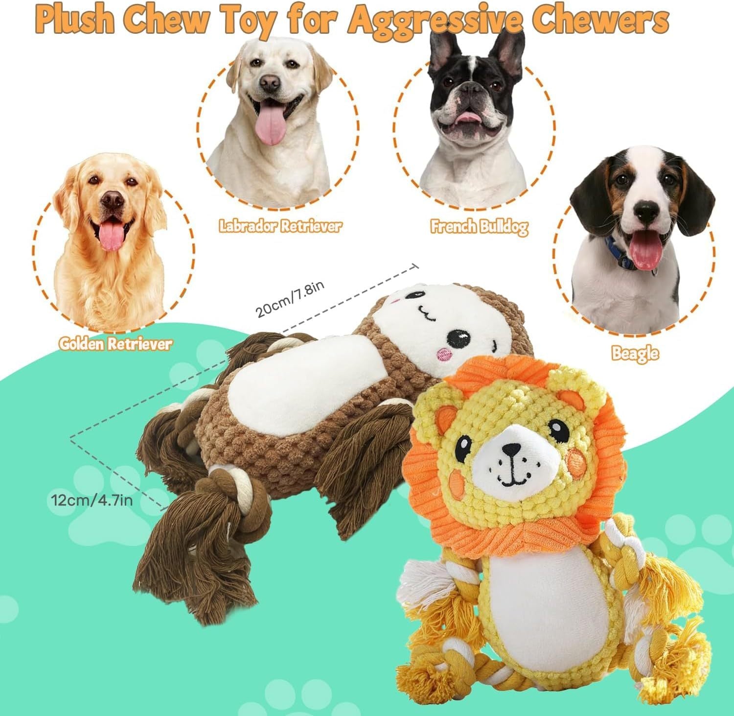 JMT-189770 Squeaky Plush Dog Toys Assorted Set for Medium and Large Dogs - Monkey & Lion Design