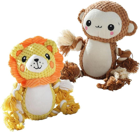 JMT-189770 Squeaky Plush Dog Toys Assorted Set for Medium and Large Dogs - Monkey & Lion Design