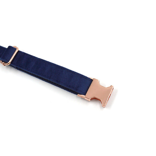 JMT-191754 Navy Blue Velvet Dog Collar with Rose Gold Buckle - Multiple Sizes Available