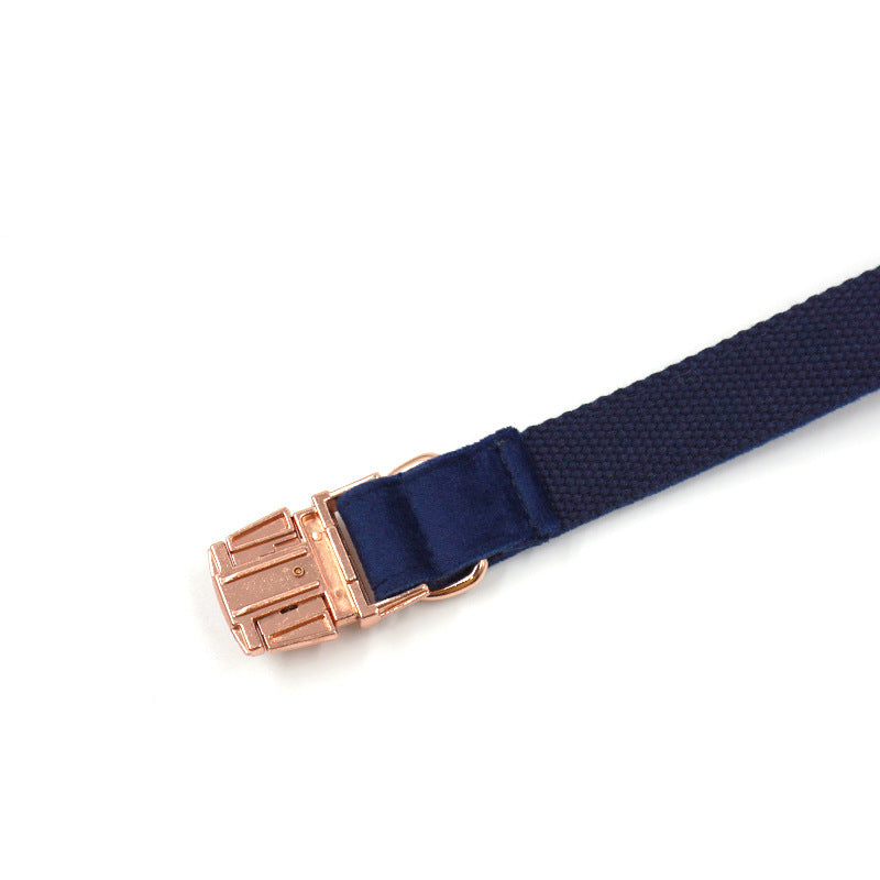 JMT-191754 Navy Blue Velvet Dog Collar with Rose Gold Buckle - Multiple Sizes Available