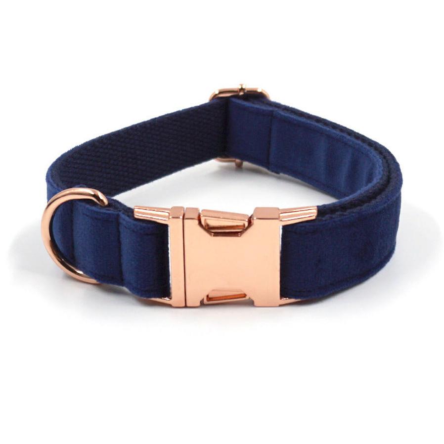 JMT-191754 Navy Blue Velvet Dog Collar with Rose Gold Buckle - Multiple Sizes Available