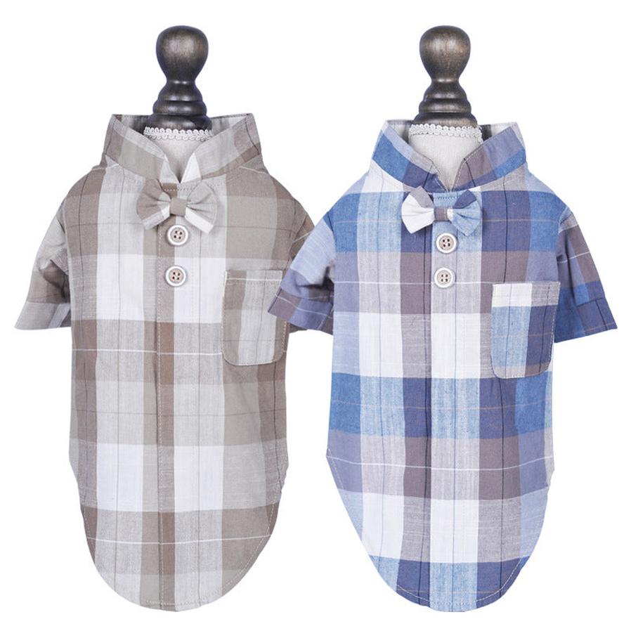 JMT-192010 Stylish Casual Pet Shirt with Bow Tie Stand Collar - Cotton Fabric in Blue and Brown