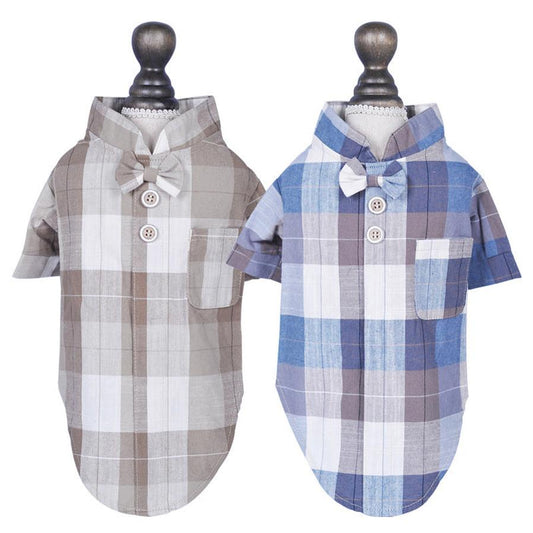 JMT-192010 Stylish Casual Pet Shirt with Bow Tie Stand Collar - Cotton Fabric in Blue and Brown