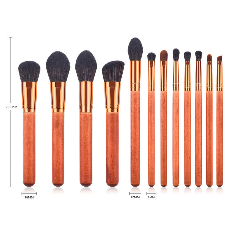 JMT-192522 12-Piece Red Makeup Brush Set with Wooden Handles and Nylon Bristles