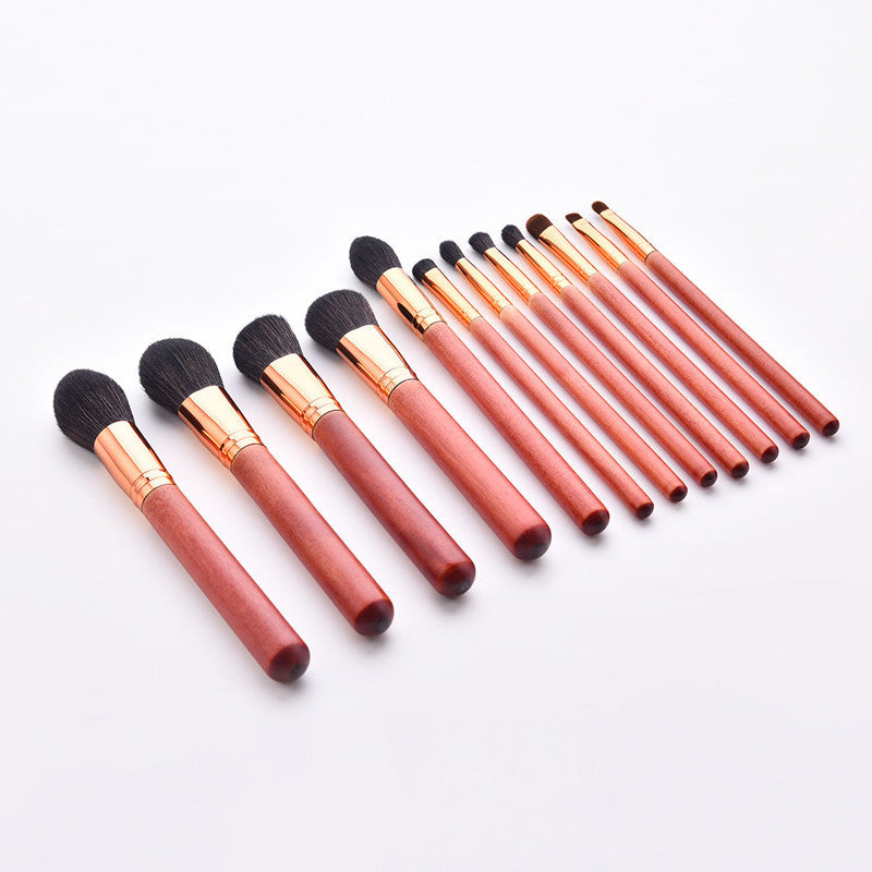 JMT-192522 12-Piece Red Makeup Brush Set with Wooden Handles and Nylon Bristles