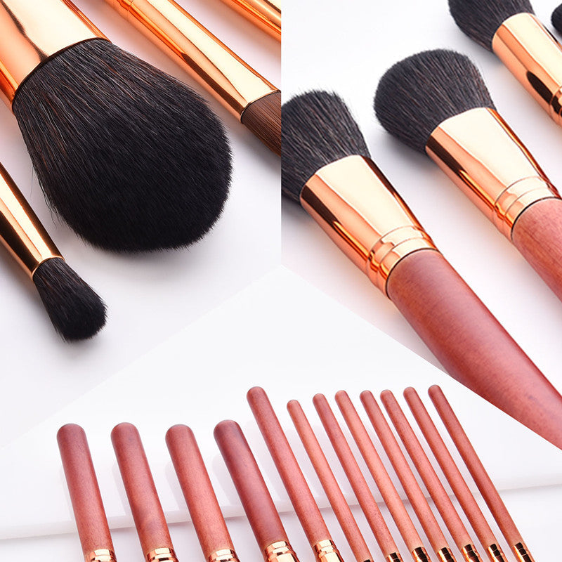 JMT-192522 12-Piece Red Makeup Brush Set with Wooden Handles and Nylon Bristles
