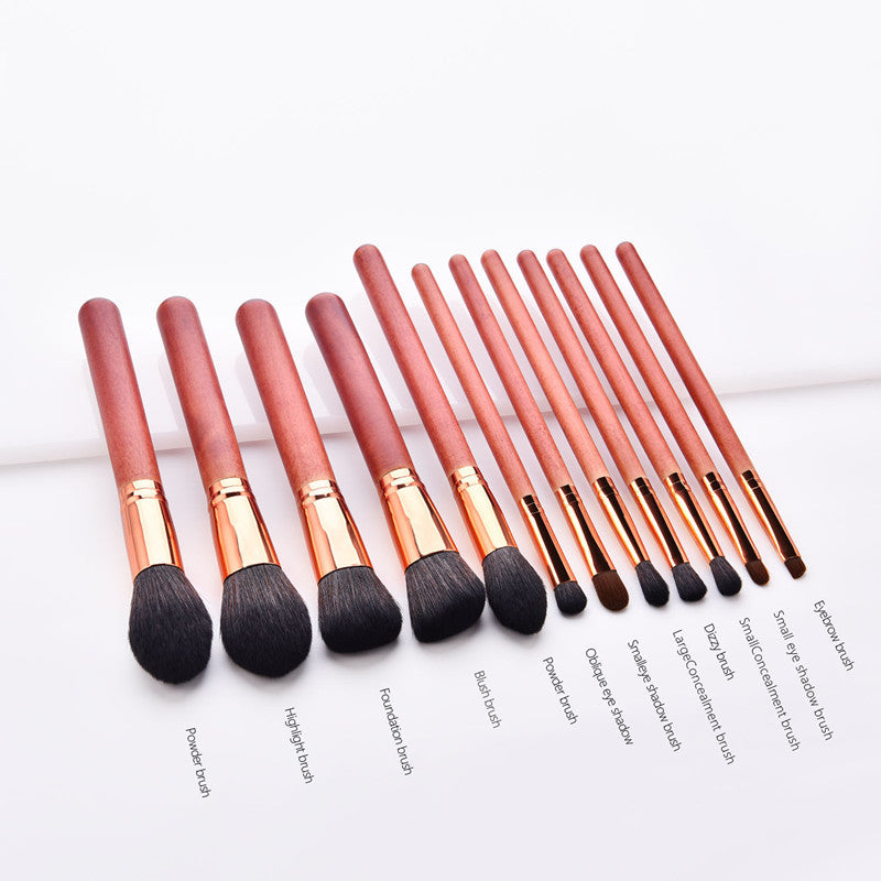 JMT-192522 12-Piece Red Makeup Brush Set with Wooden Handles and Nylon Bristles