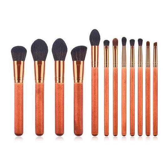 JMT-192522 12-Piece Red Makeup Brush Set with Wooden Handles and Nylon Bristles