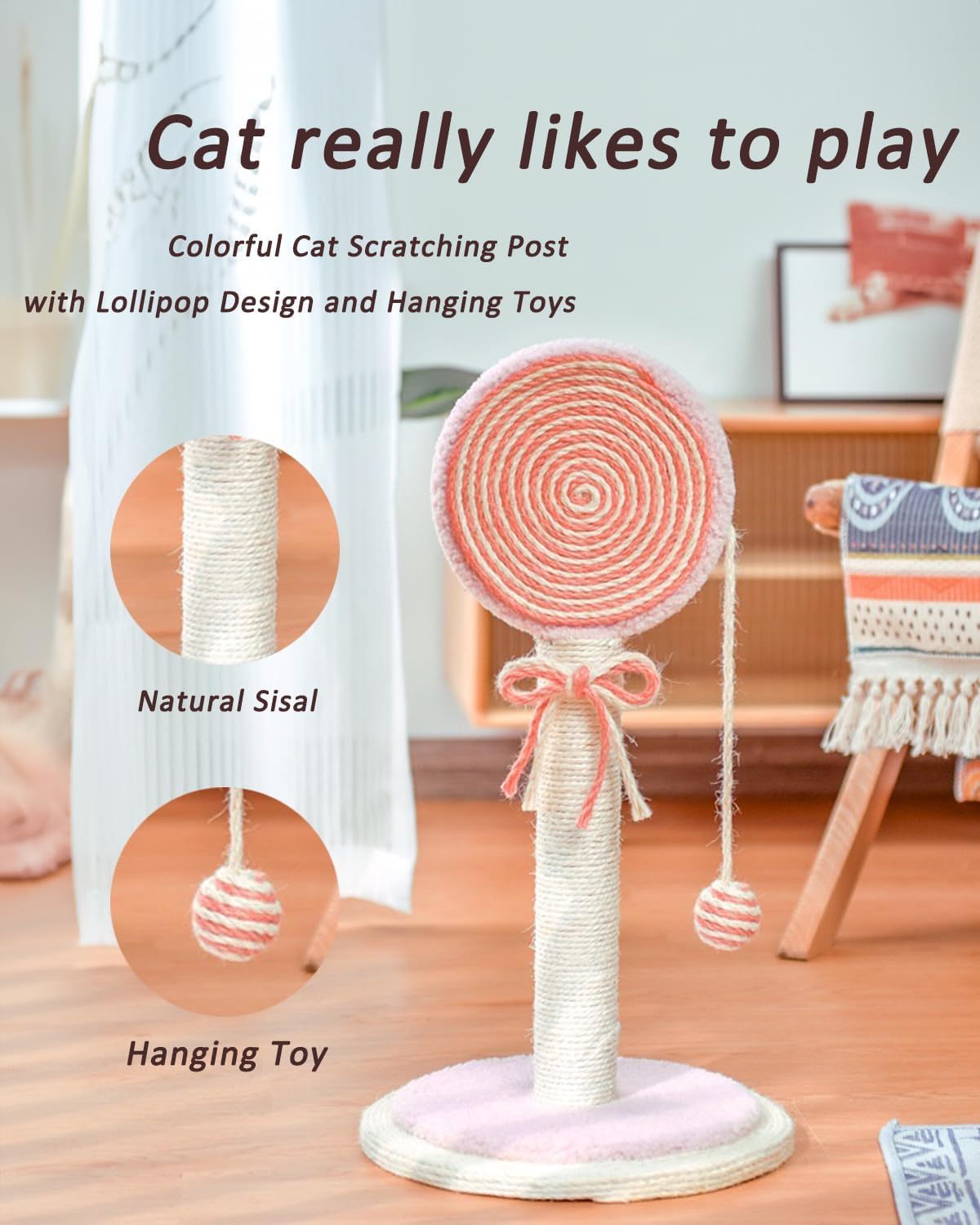 JMT-193546 Indoor Cat Scratching Post with Hanging Ball - Sturdy and Stable Base for Small and Large Cats