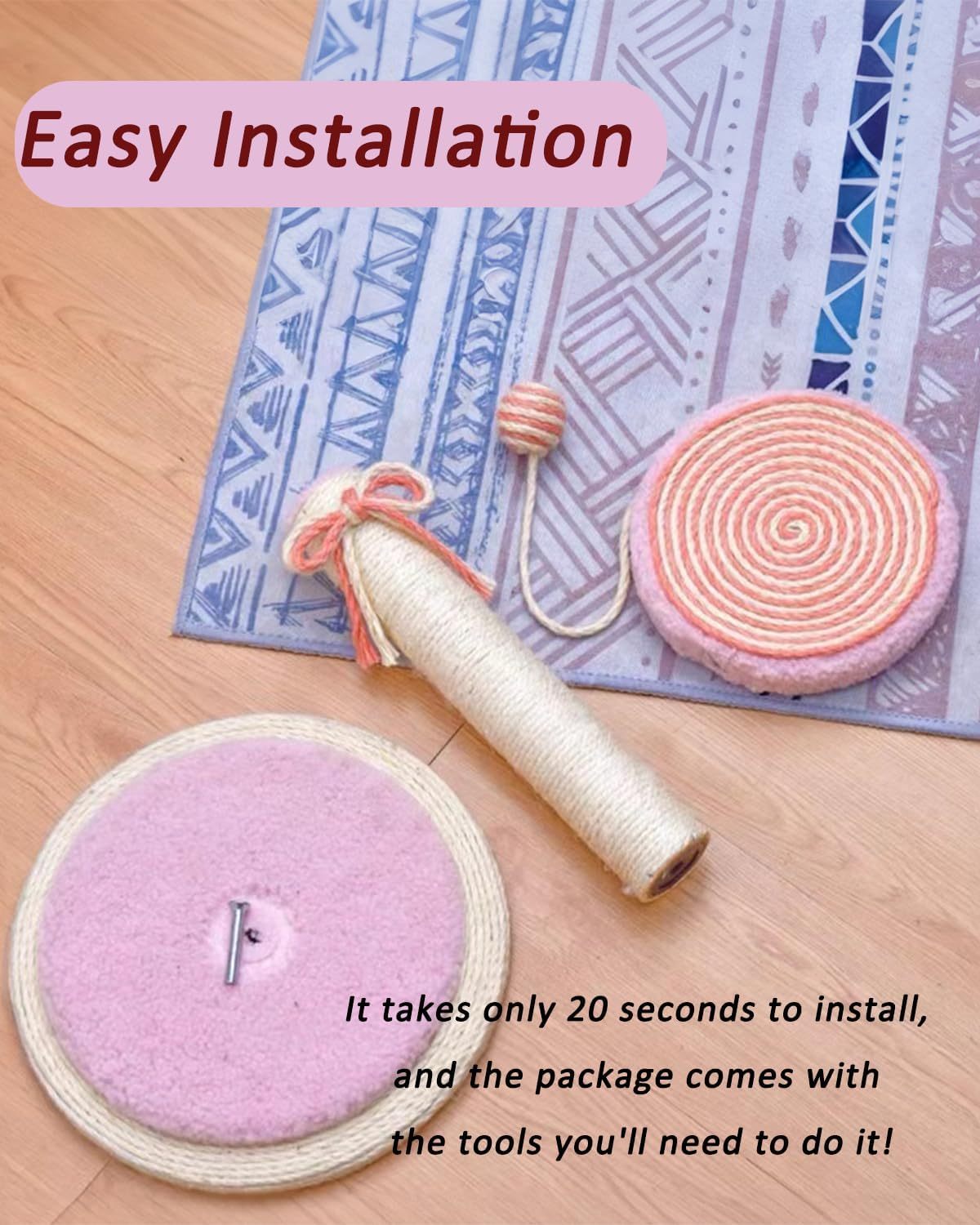 JMT-193546 Indoor Cat Scratching Post with Hanging Ball - Sturdy and Stable Base for Small and Large Cats