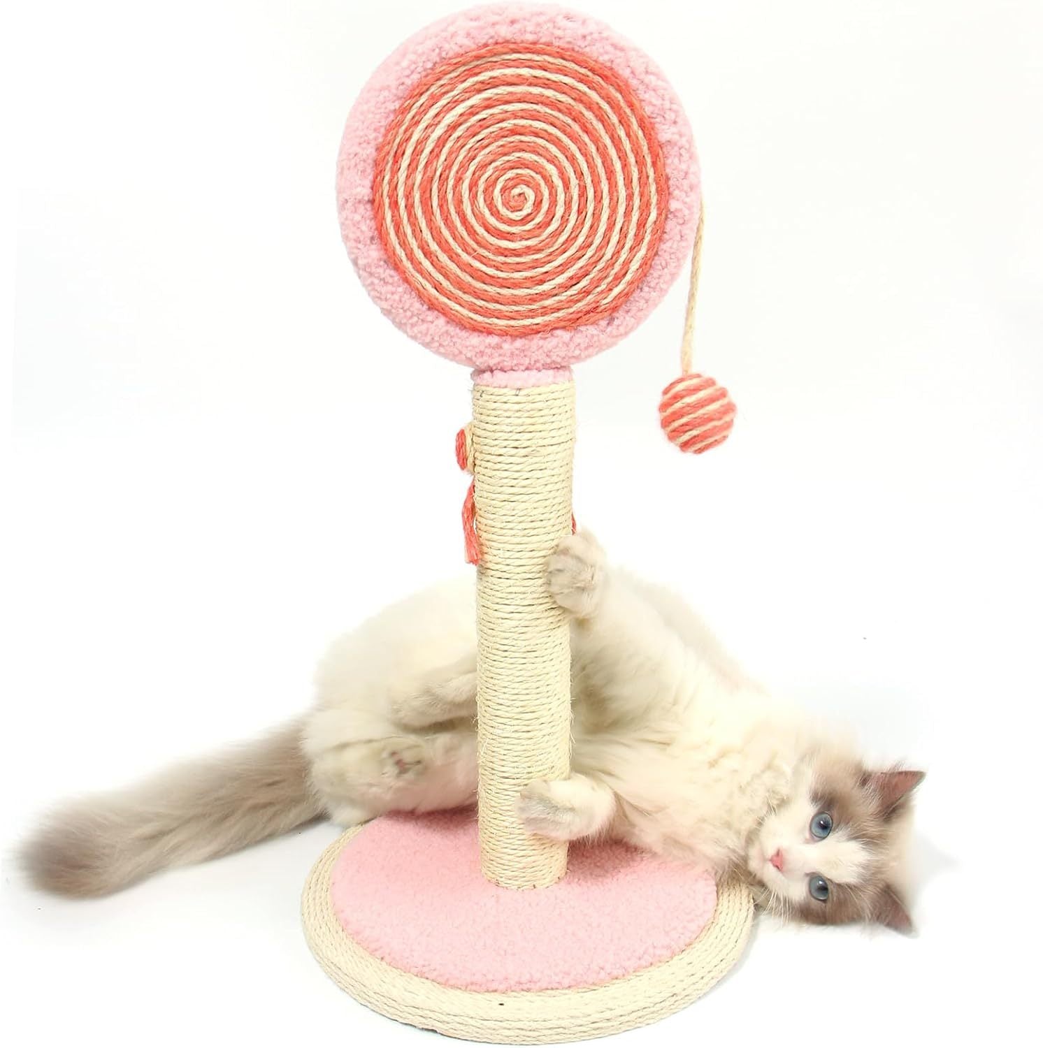 JMT-193546 Indoor Cat Scratching Post with Hanging Ball - Sturdy and Stable Base for Small and Large Cats