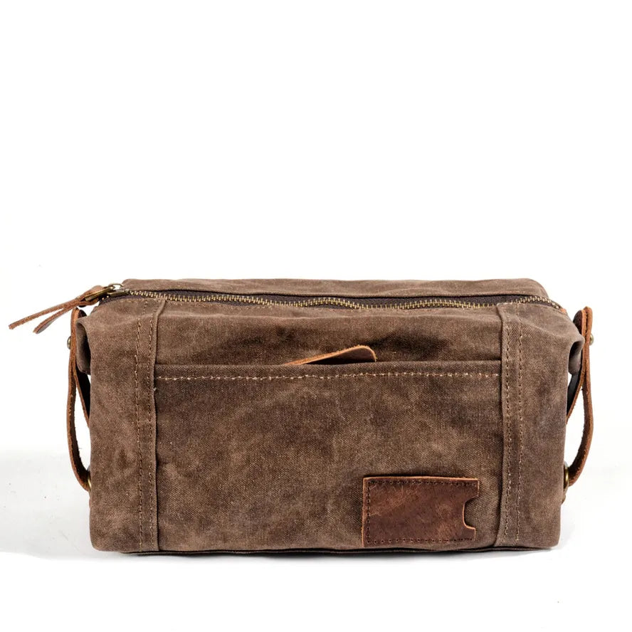 JMT-194442 Waterproof Canvas and Cowhide Leather Men's Toiletry Handbag 23cm x 8.5cm x 13cm