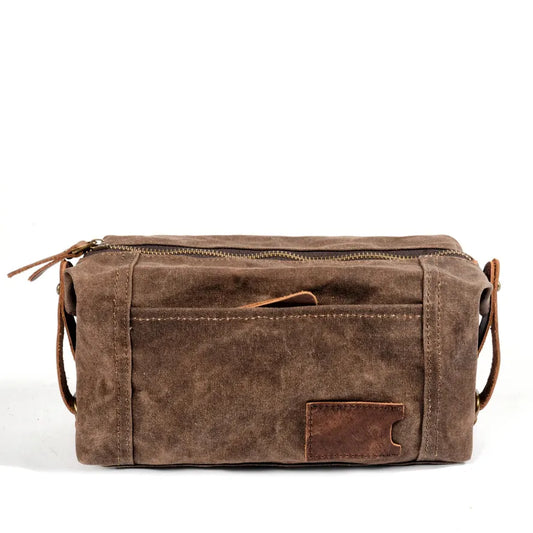 JMT-194442 Waterproof Canvas and Cowhide Leather Men's Toiletry Handbag 23cm x 8.5cm x 13cm