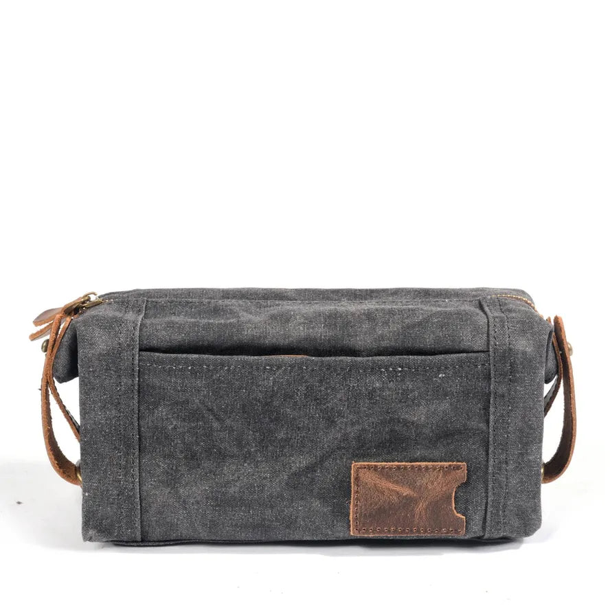 JMT-194442 Waterproof Canvas and Cowhide Leather Men's Toiletry Handbag 23cm x 8.5cm x 13cm