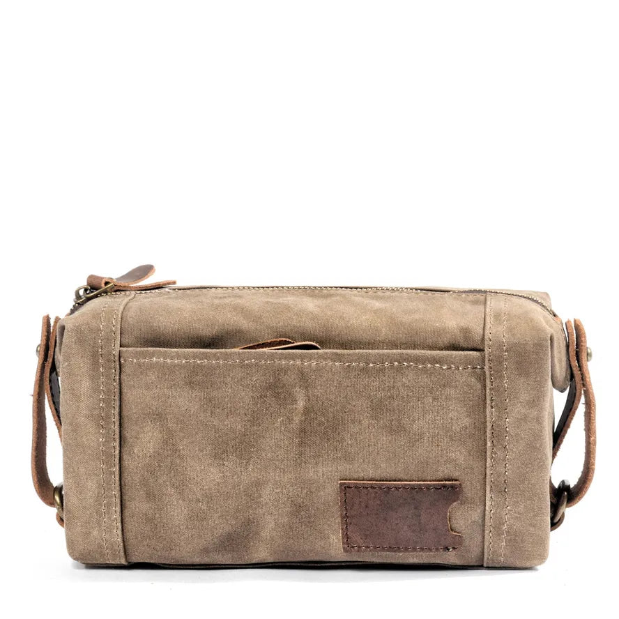 JMT-194442 Waterproof Canvas and Cowhide Leather Men's Toiletry Handbag 23cm x 8.5cm x 13cm