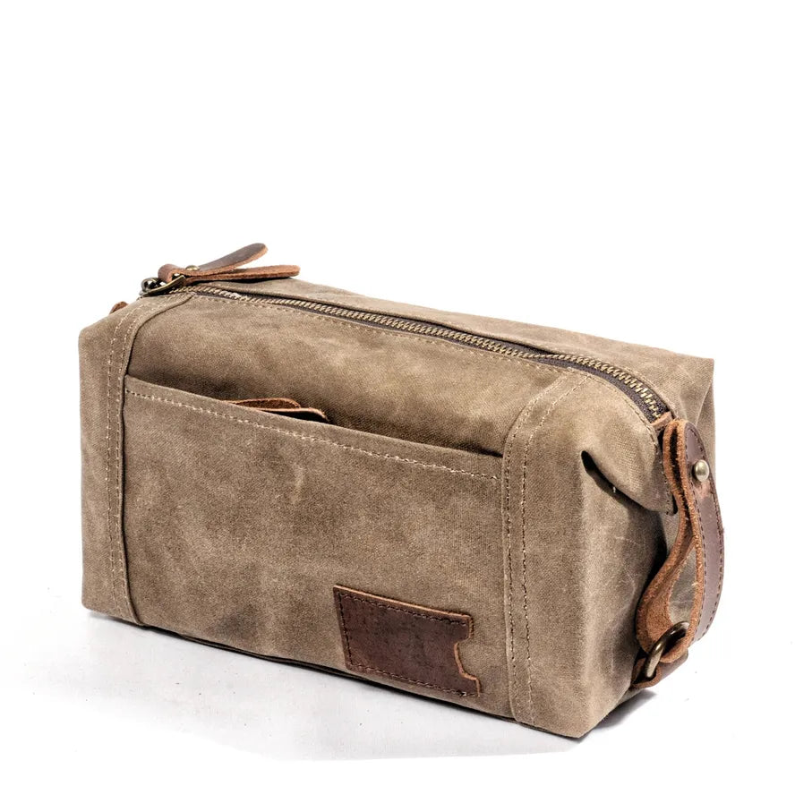 JMT-194442 Waterproof Canvas and Cowhide Leather Men's Toiletry Handbag 23cm x 8.5cm x 13cm