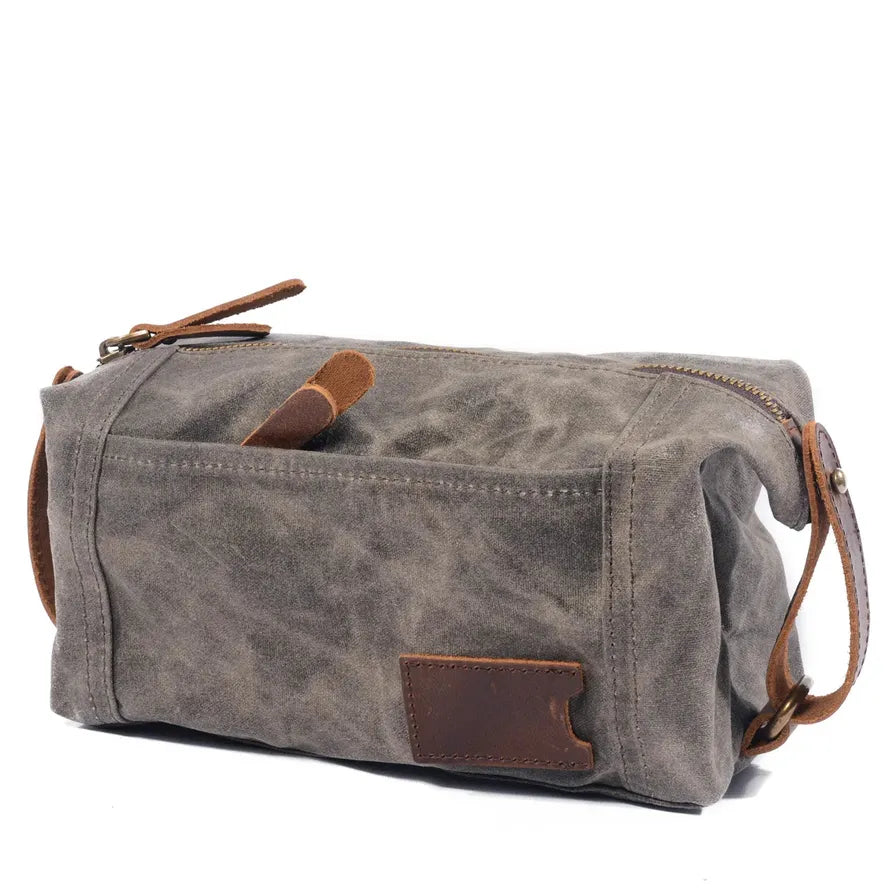JMT-194442 Waterproof Canvas and Cowhide Leather Men's Toiletry Handbag 23cm x 8.5cm x 13cm