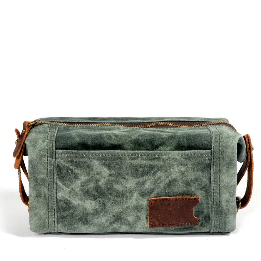 JMT-194442 Waterproof Canvas and Cowhide Leather Men's Toiletry Handbag 23cm x 8.5cm x 13cm
