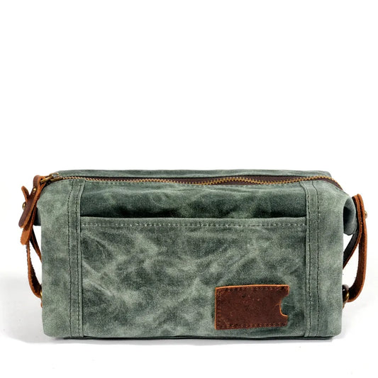 JMT-194442 Waterproof Canvas and Cowhide Leather Men's Toiletry Handbag 23cm x 8.5cm x 13cm