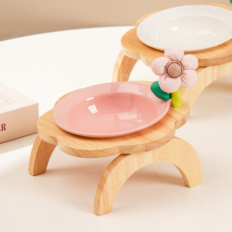 JMT-194570 Ceramic Cat Food Bowl with Wooden Flower Stand - Multi-Color Feeding Dish for Cats and Water
