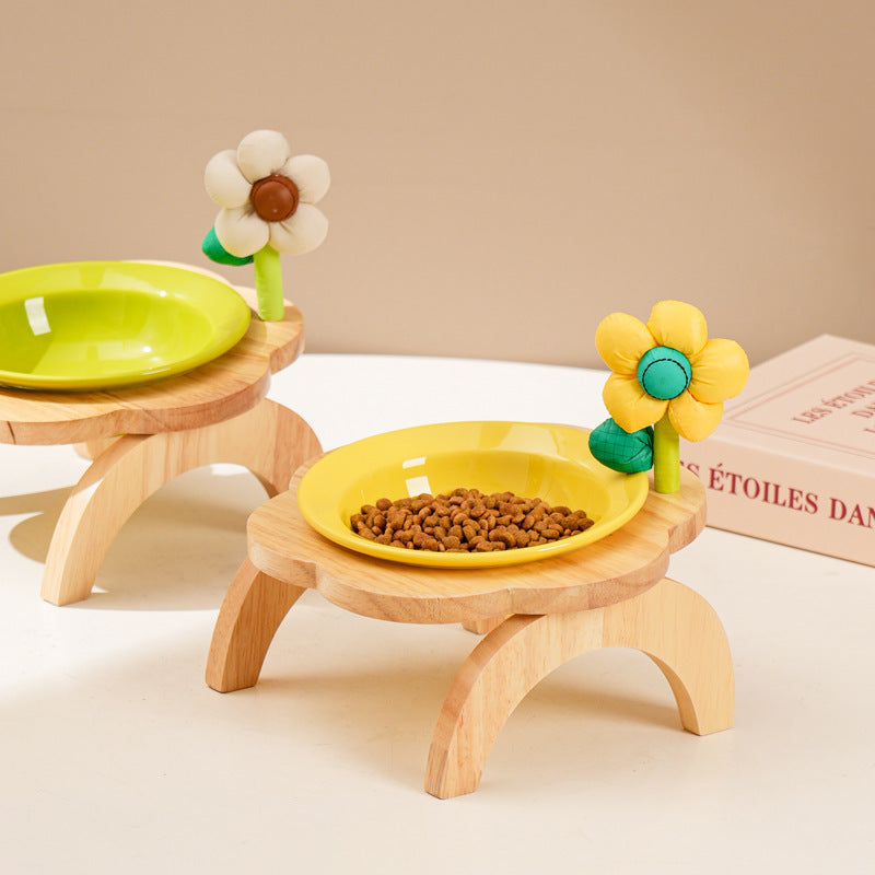 JMT-194570 Ceramic Cat Food Bowl with Wooden Flower Stand - Multi-Color Feeding Dish for Cats and Water
