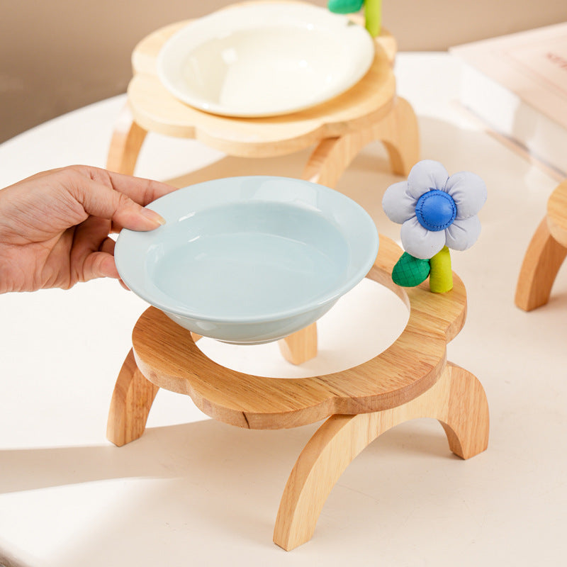 JMT-194570 Ceramic Cat Food Bowl with Wooden Flower Stand - Multi-Color Feeding Dish for Cats and Water