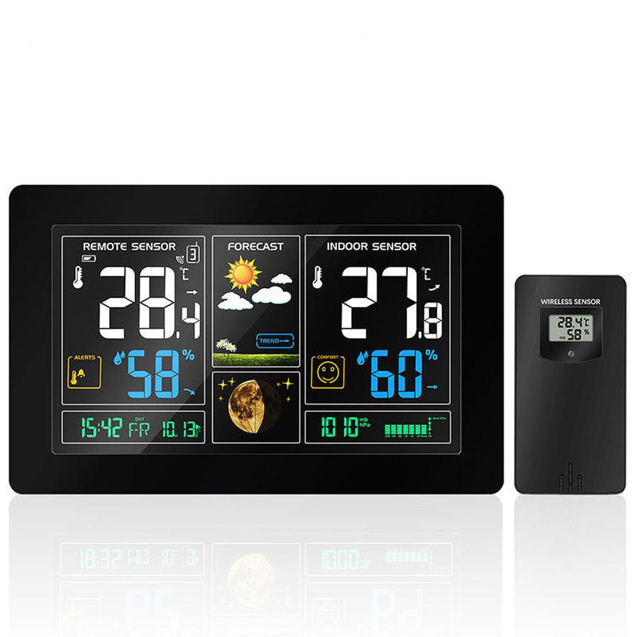 JMT-194570 Radio-Controlled Perpetual Calendar Alarm Clock with LCD Display and Weather Forecasting Functions