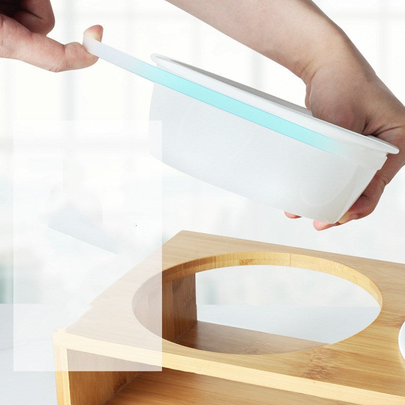 JMT-196874 Ceramic Dog Bowl Set with Bamboo Stand - Elevated Two-Bowl Feeding Station