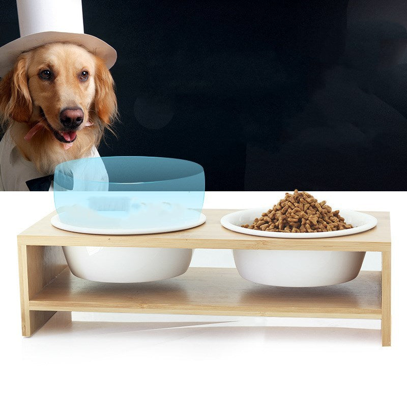 JMT-196874 Ceramic Dog Bowl Set with Bamboo Stand - Elevated Two-Bowl Feeding Station