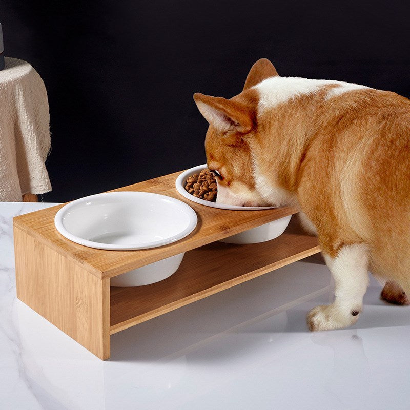 JMT-196874 Ceramic Dog Bowl Set with Bamboo Stand - Elevated Two-Bowl Feeding Station