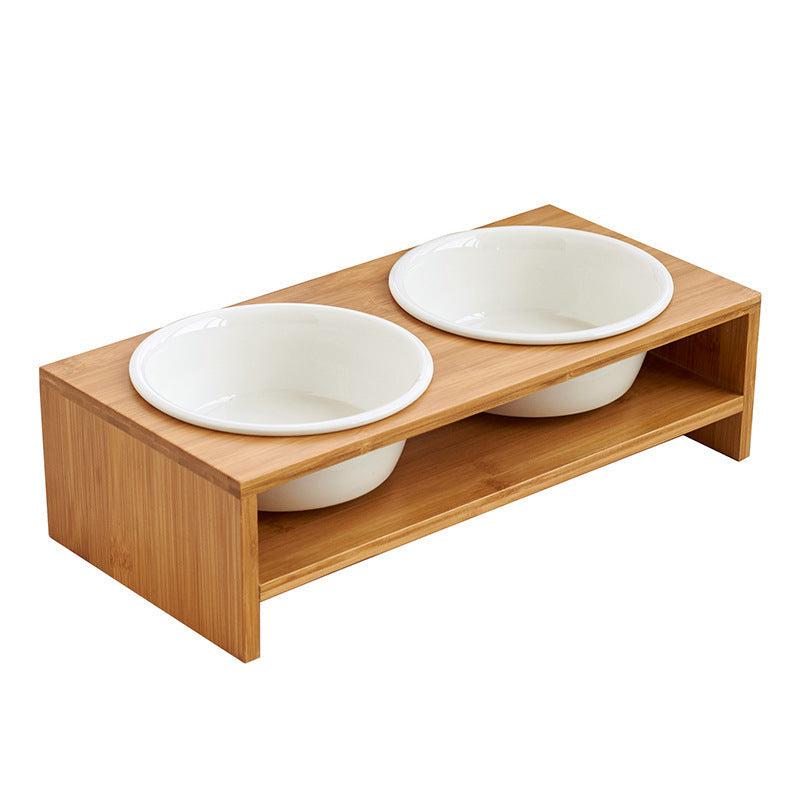 JMT-196874 Ceramic Dog Bowl Set with Bamboo Stand - Elevated Two-Bowl Feeding Station