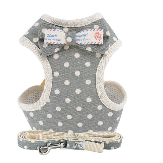 JMT-197322 Stylish Vest-Style Dog Leash with Bowknot - Navy Blue Stripes, Blue Grid, Pink Dots, Gray Dots